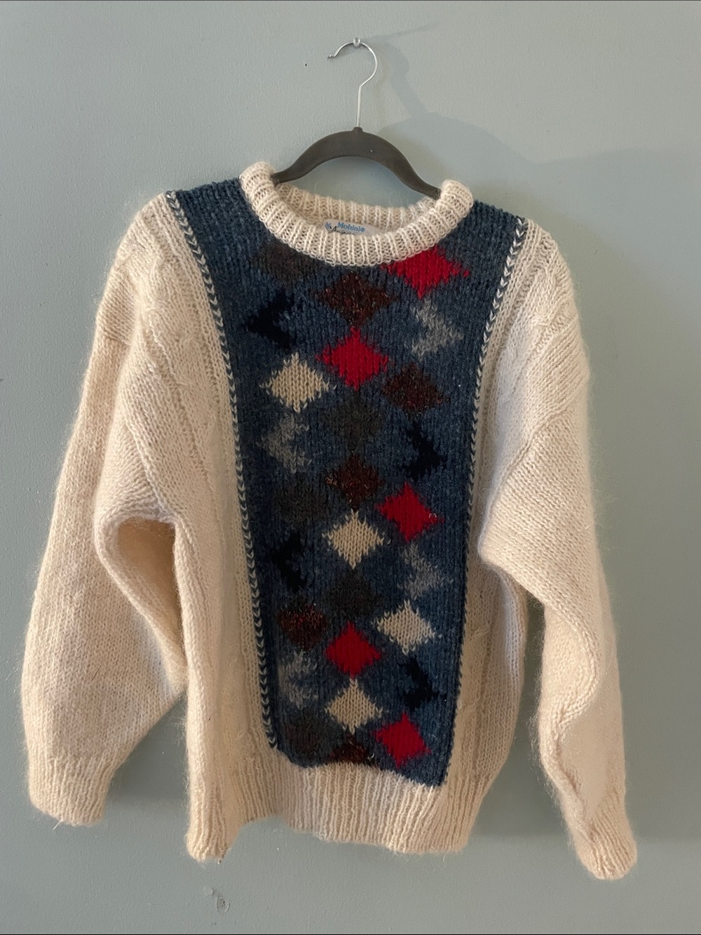 Cream Knit Sweater with Blue Argyle Panel